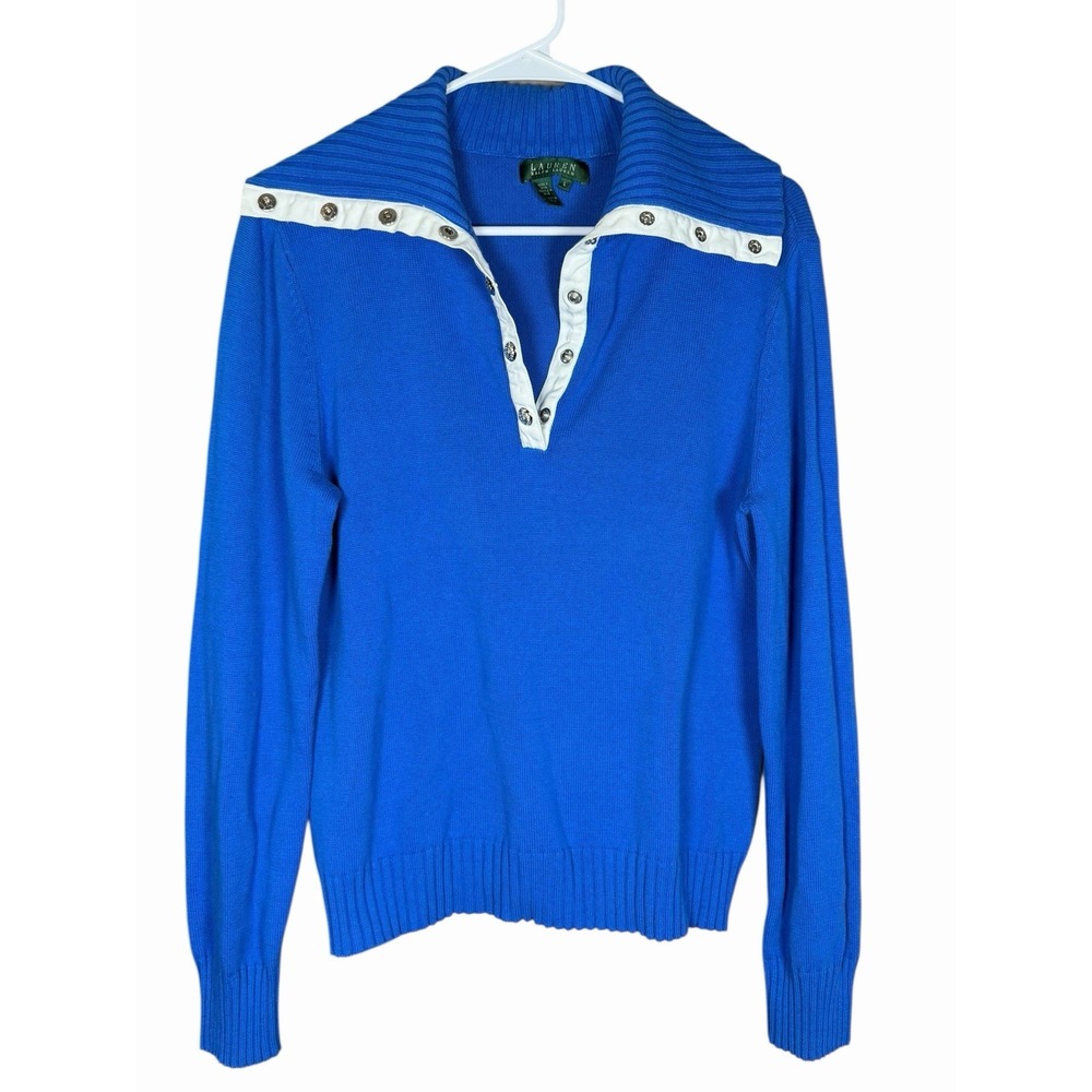 Lauren Ralph Lauren Blue Sailor Collar Sweater L Nautical Button‎ Trim Cotton